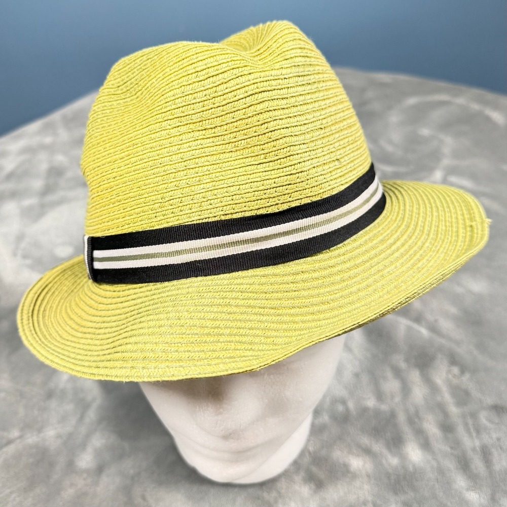 Womens‎ Green Straw Fedora Sun Hat Striped Band Summer Beach Panama Style